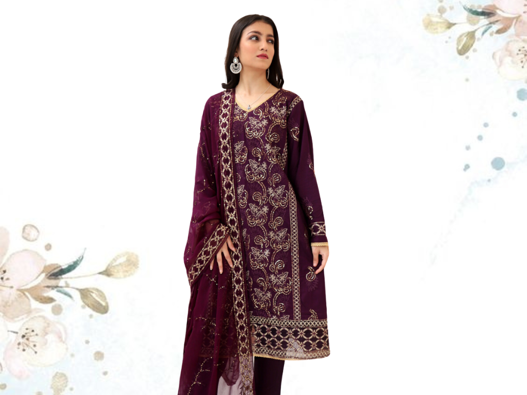 Unstitched Embroidered Dress (Magenta)