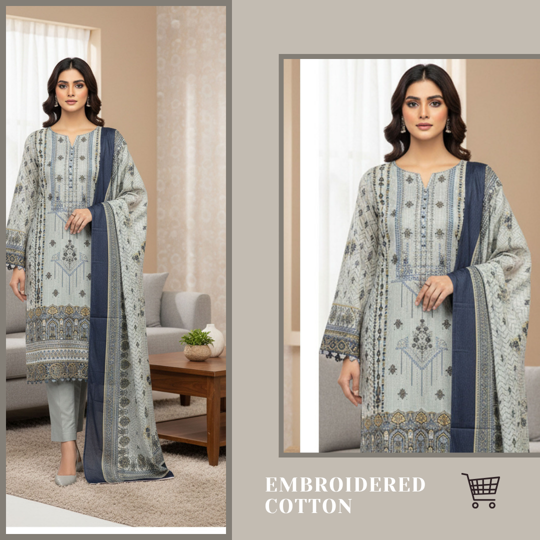 3-Piece Unstitched Cotton Suit – Embroidered & Printed