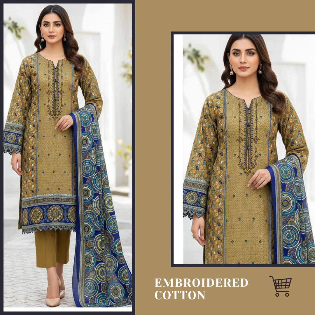 3-Piece Unstitched Cotton Suit – Embroidered & Printed
