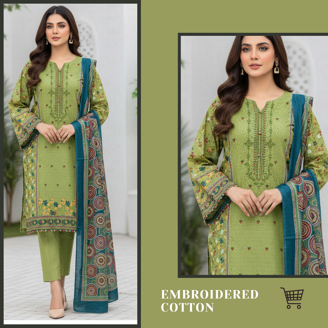 3-Piece Unstitched Cotton Suit – Embroidered & Printed