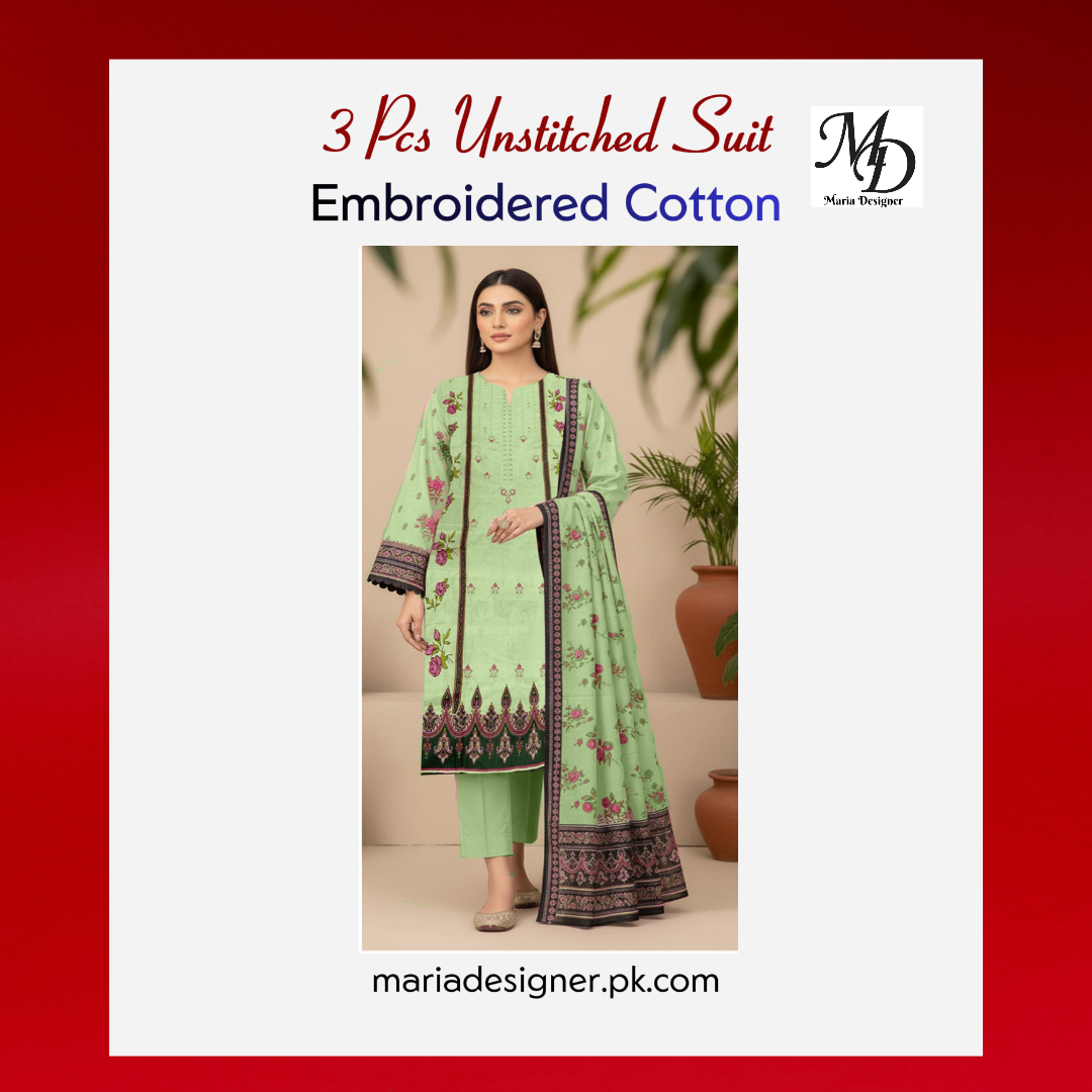 3-Piece Unstitched Cotton Suit – Embroidered & Printed