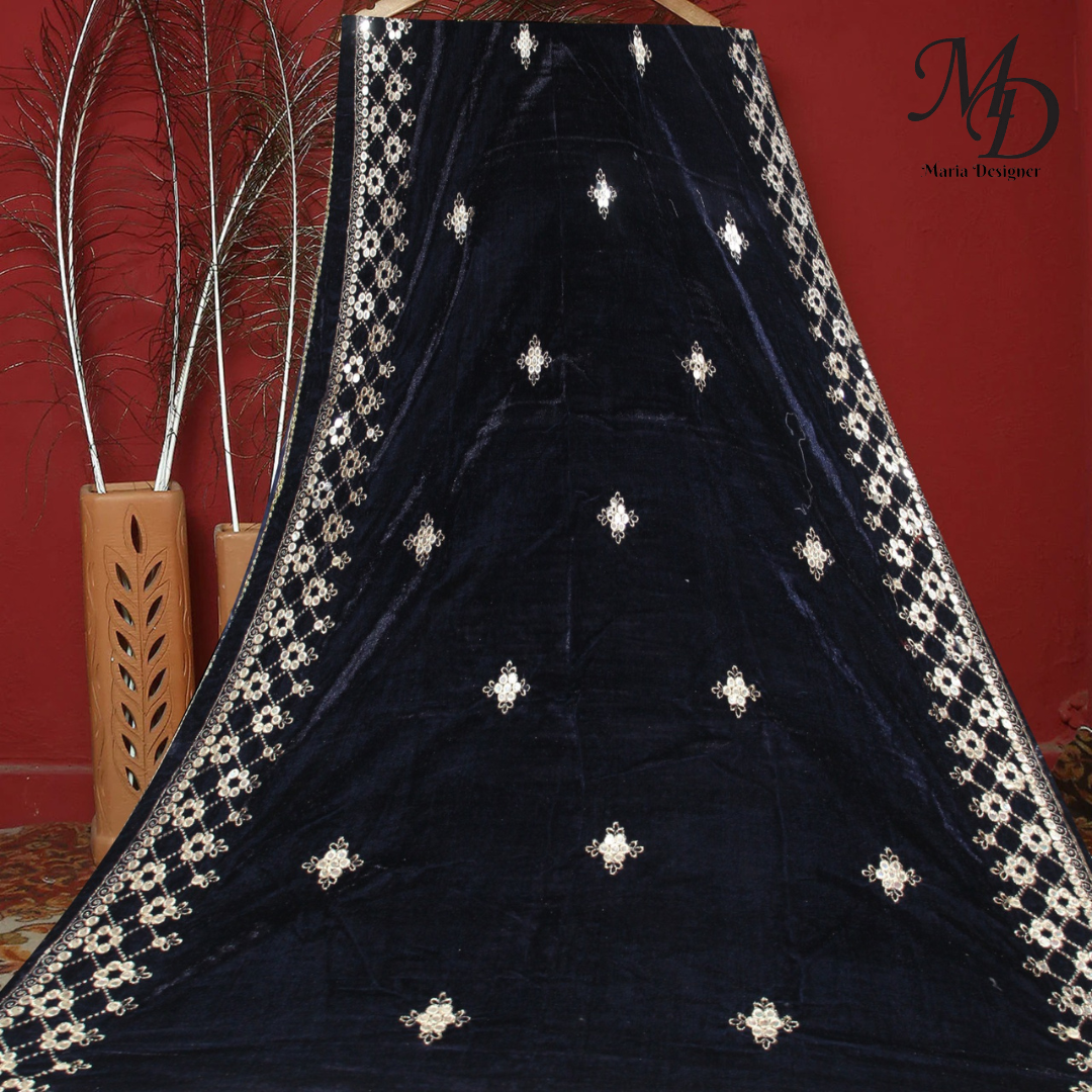 Black Embroidered Velvet Shawl (Mystic Geometry)