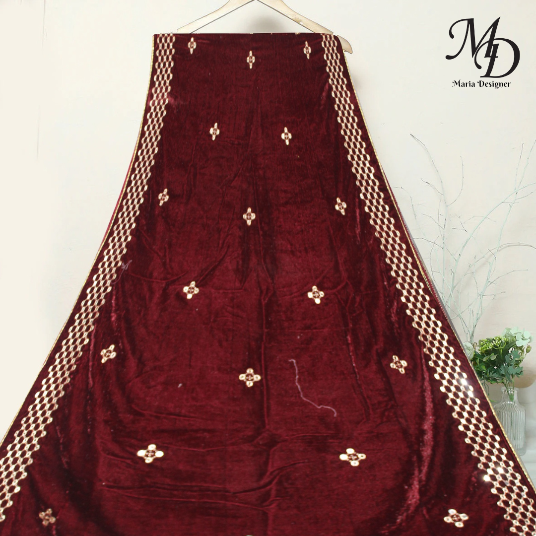 Red Embroidered Velvet Shawl (Geometric Motifs)