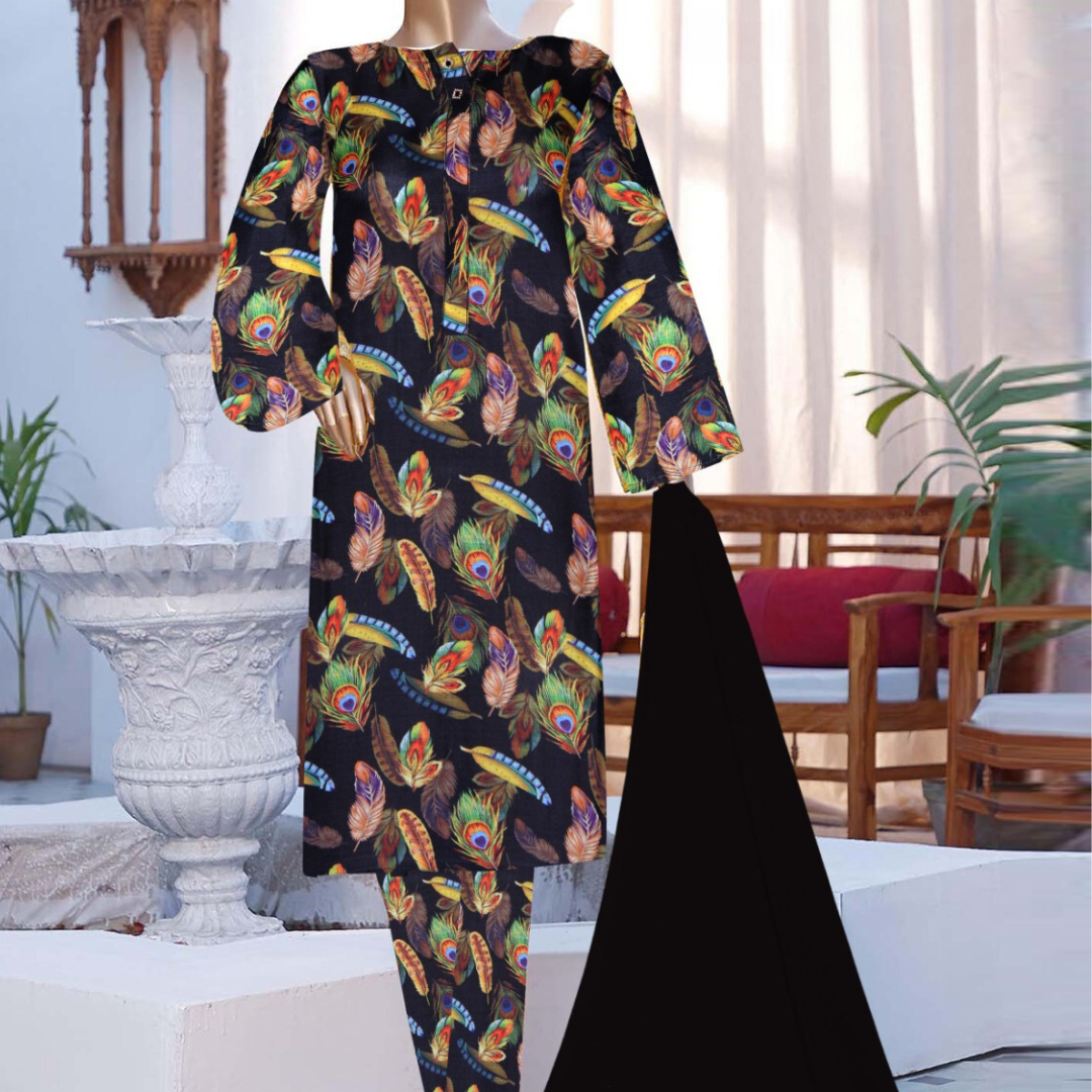 3 Pcs Stitched Printed Polly Lawn (Black Charm)