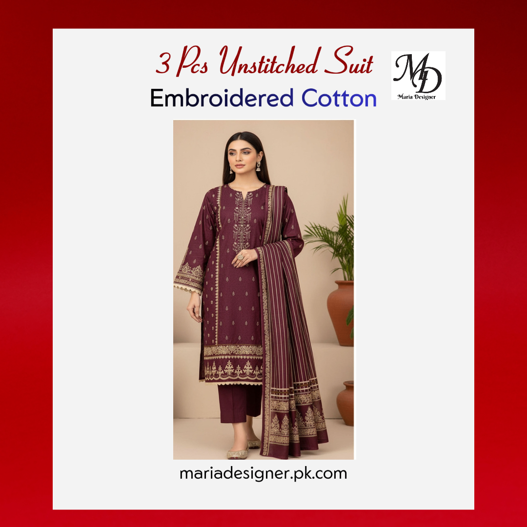 3-Piece Unstitched Cotton Suit – Embroidered & Printed