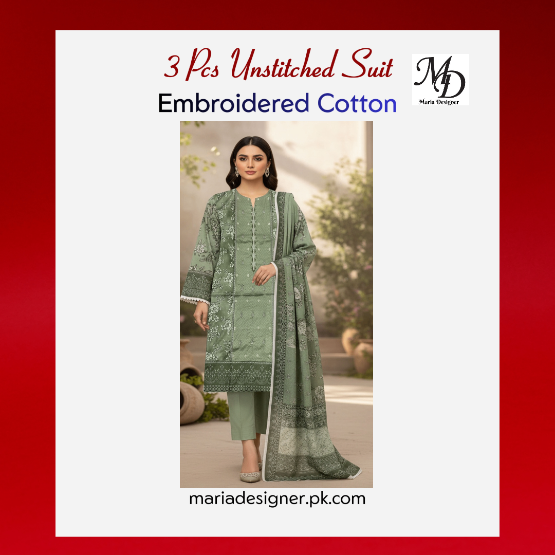 3-Piece Unstitched Cotton Suit – Embroidered & Printed