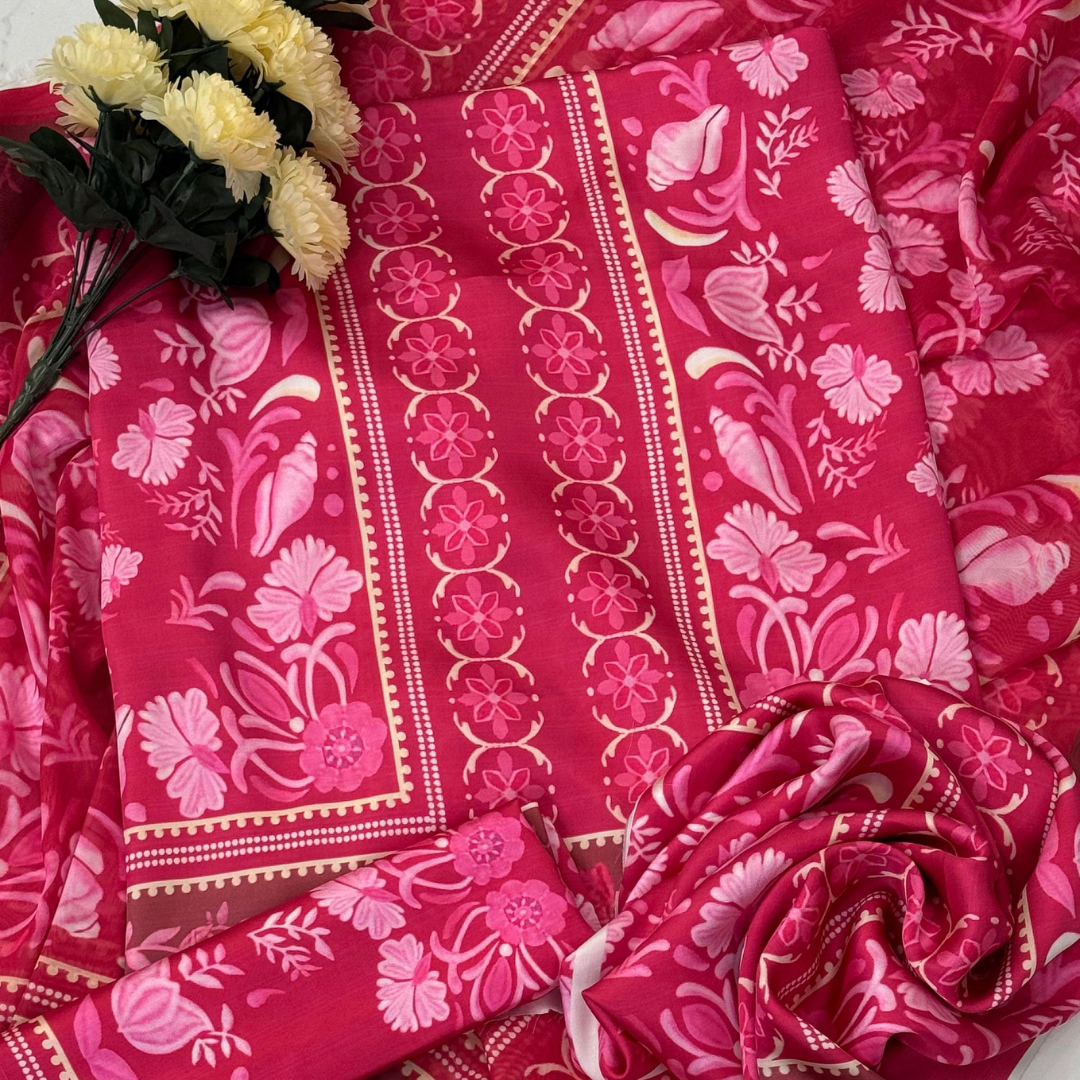 3-Piece Unstitched Digital Printed Suit (Pink)