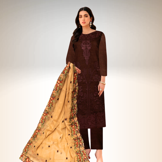 Unstitched Embroidered Dress (Brown)