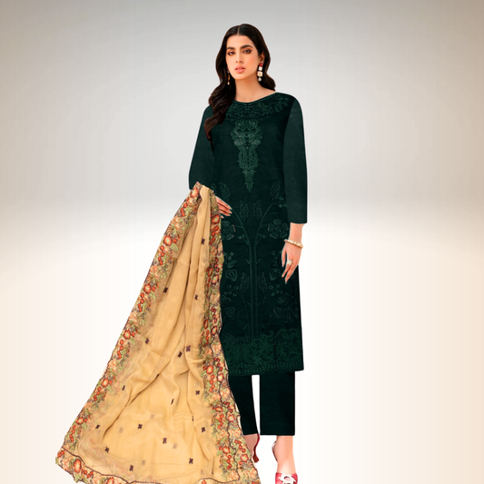 Unstitched Embroidered Dress (Bottle Green)