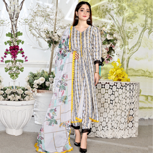 Unstitched Swiss Lawn Dress (White & Grey)