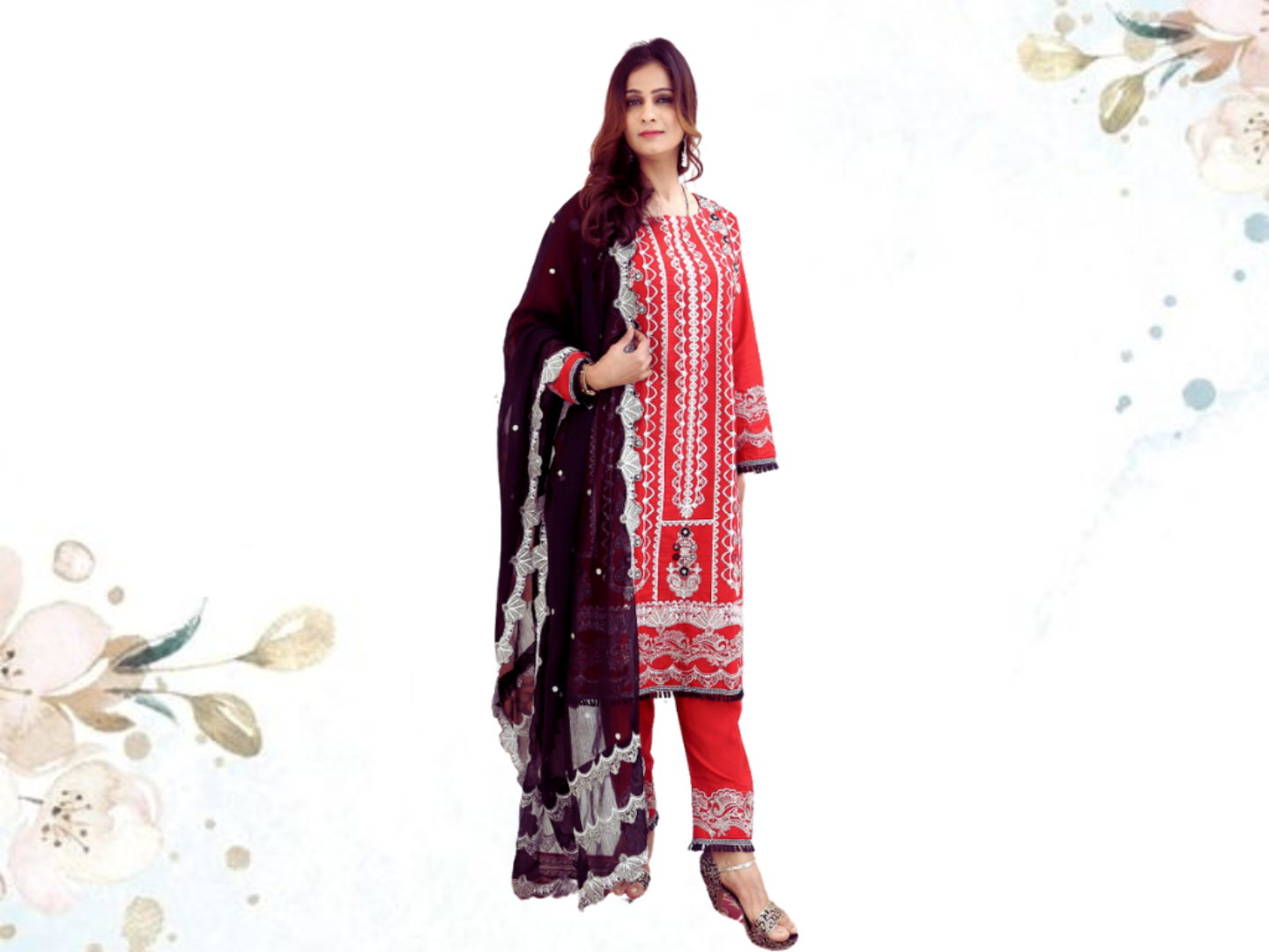 Unstitched Embroidered Dress (Red & Black)