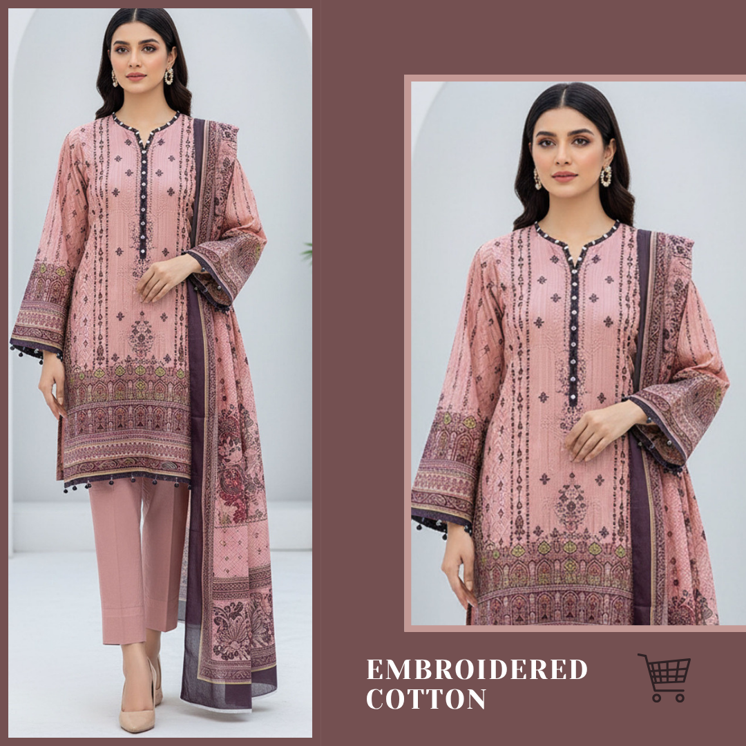 3-Piece Unstitched Cotton Suit – Embroidered & Printed