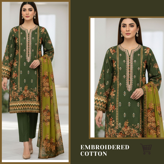 3-Piece Unstitched Cotton Suit – Embroidered & Printed