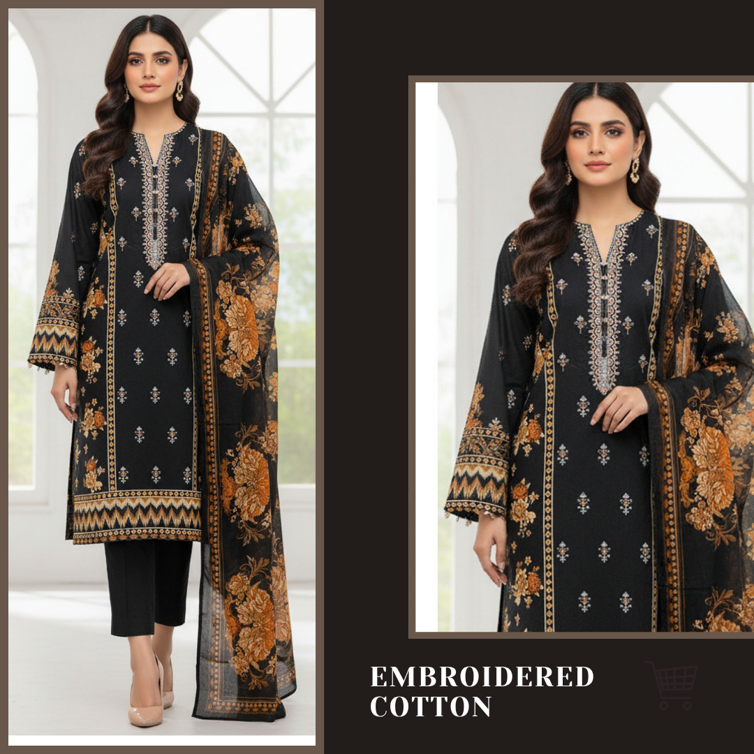 3-Piece Unstitched Cotton Suit – Embroidered & Printed