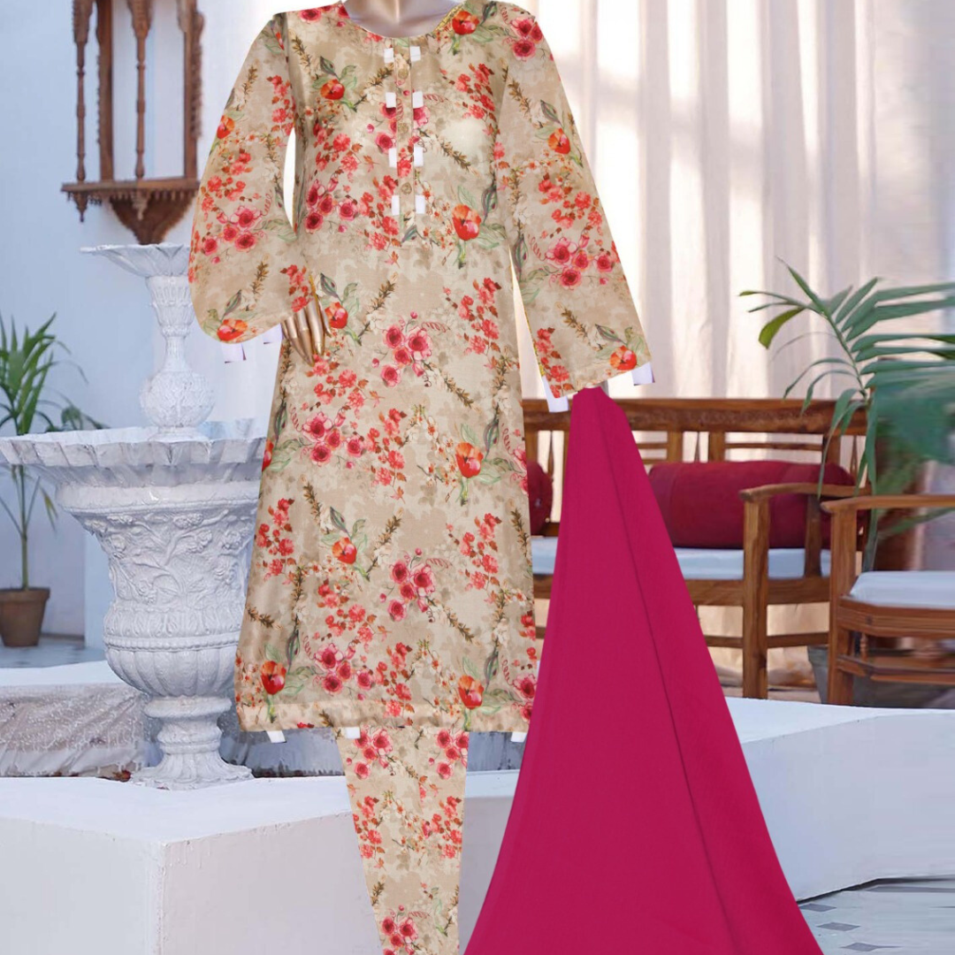 3 Pcs Stitched Printed Polly Lawn (Beige & Pinkish Red)