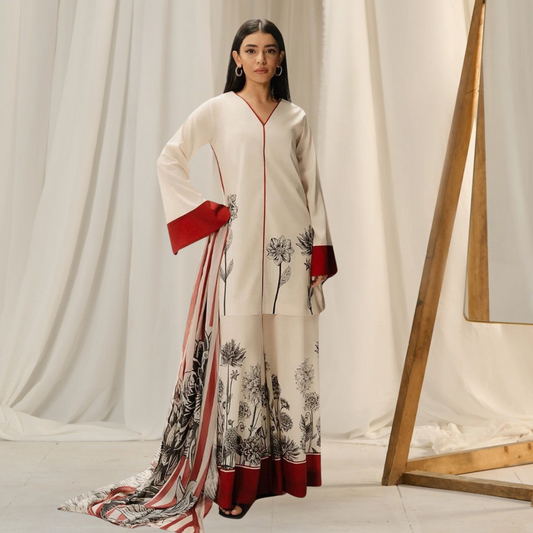 3-Piece Unstitched Digital Printed Suit (Soft Amber & Red)