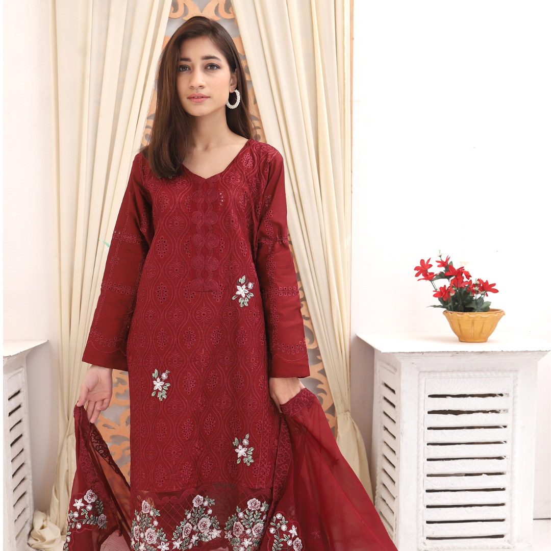 Unstitched Embroidered Dress (Red)