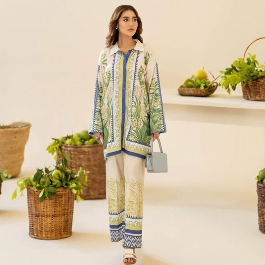 3-Piece Unstitched Digital Printed Suit (Soft Amber & Green Smoke)