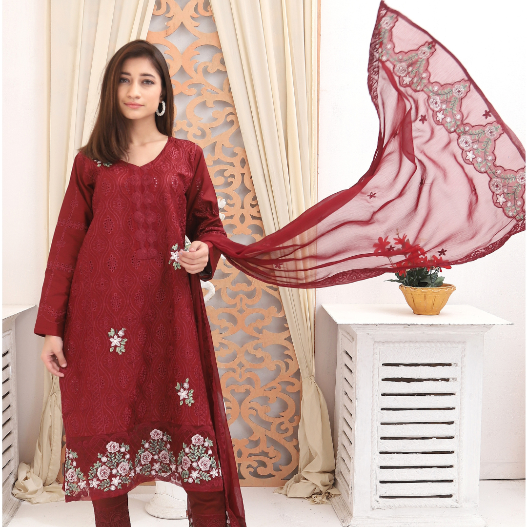 Unstitched Embroidered Dress (Red)