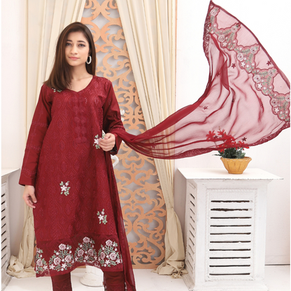 Unstitched Embroidered Dress (Red)