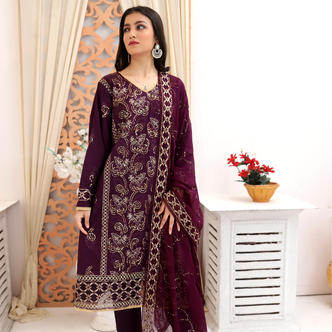 Unstitched Embroidered Dress (Magenta)