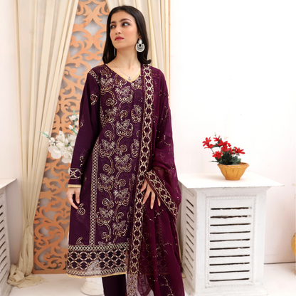 Unstitched Embroidered Dress (Magenta)