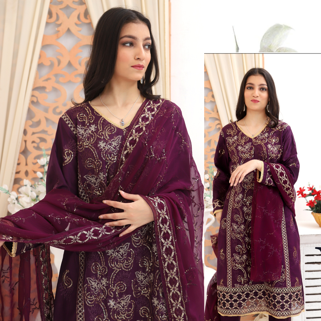 Unstitched Embroidered Dress (Magenta)