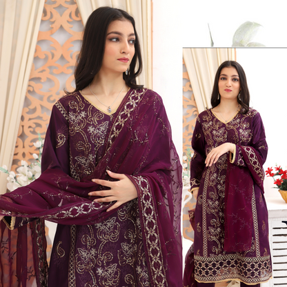 Unstitched Embroidered Dress (Magenta)