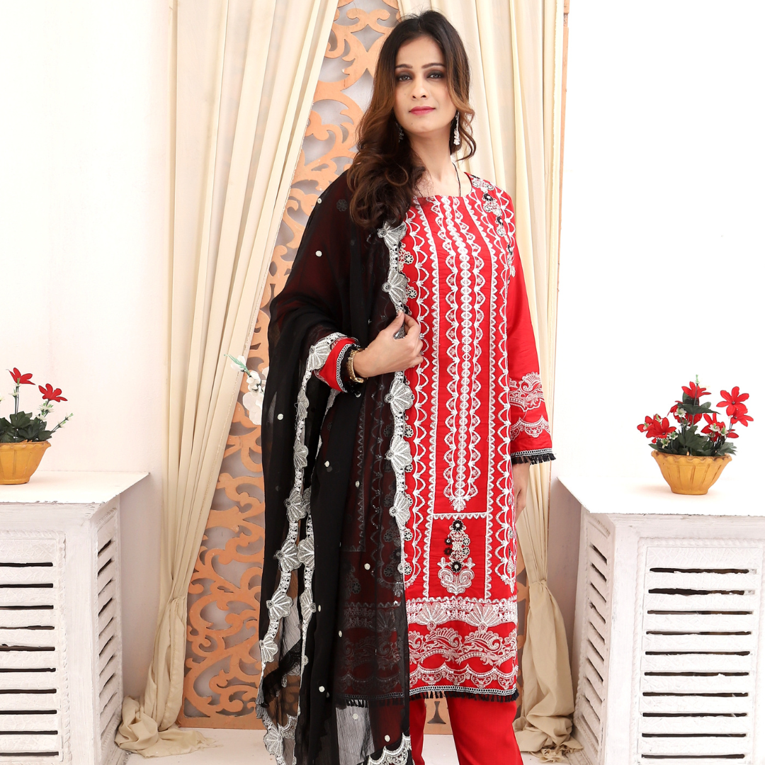 Unstitched Embroidered Dress (Red & Black)