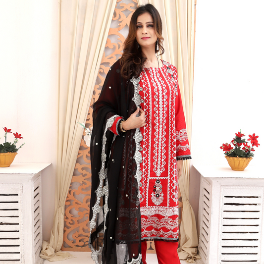Unstitched Embroidered Dress (Red & Black)