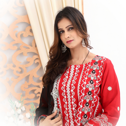 Unstitched Embroidered Dress (Red & Black)