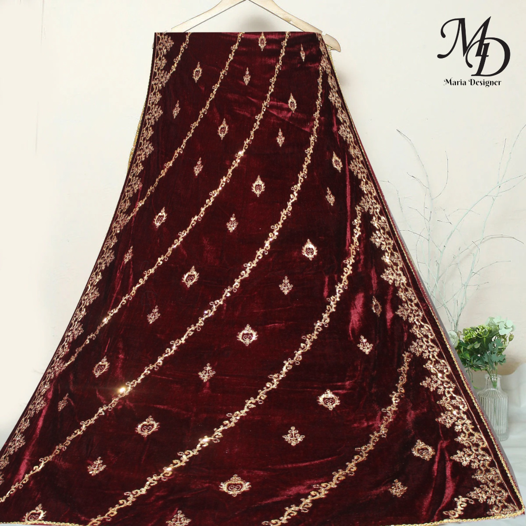 Red Embroidered Velvet Shawl