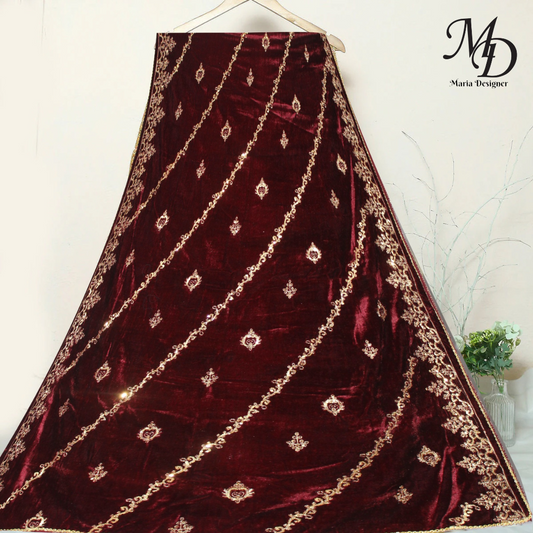 Red Embroidered Velvet Shawl