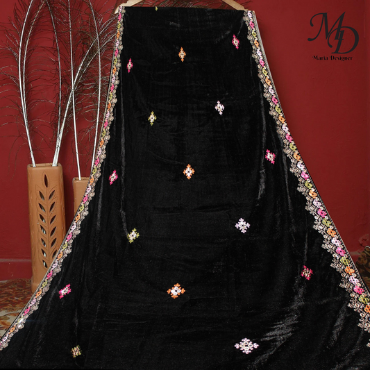 Black Embroidered Velvet Shawl (Geometric Motifs)