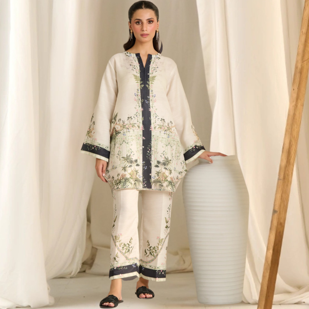 3-Piece Unstitched Digital Printed Suit (Soft Amber & Charcoal)