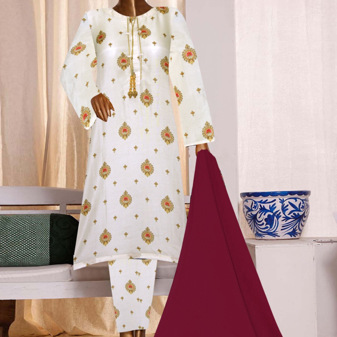 3 Pcs Stitched Printed Polly Lawn (Off White & Persian Plum)