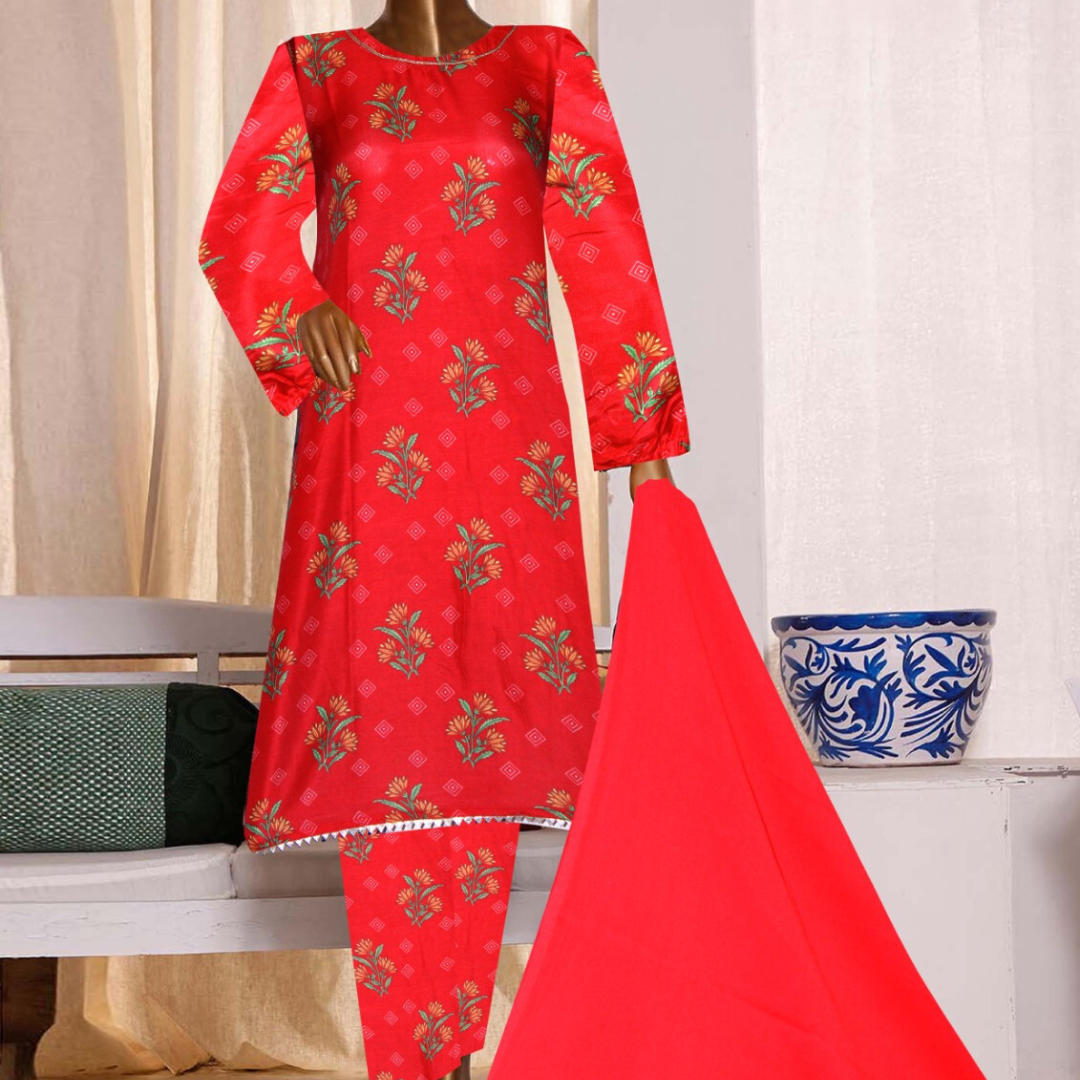 3 Pcs Stitched Printed Polly (Coral Red)