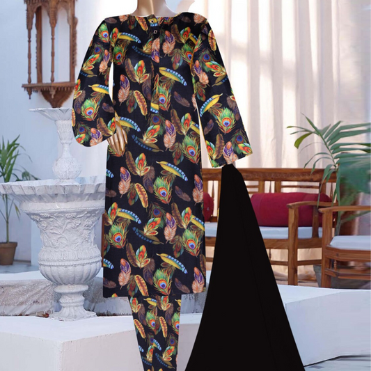 3 Pcs Stitched Printed Polly Lawn (Black Charm)