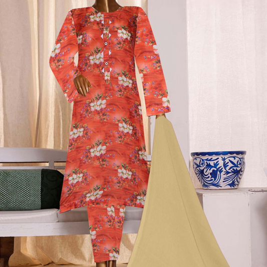 3 Pcs Stitched Printed Polly Lawn (Chestnut Red & Fawn)