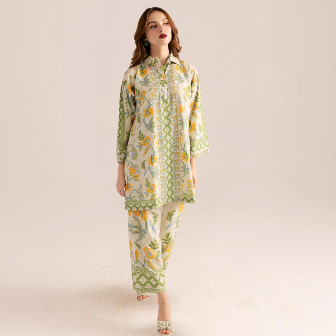 3-Piece Unstitched Digital Printed Suit (Olive Green)