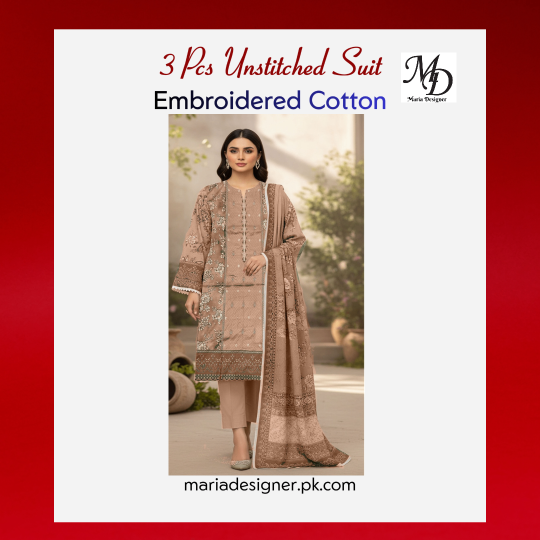 3-Piece Unstitched Cotton Suit – Embroidered & Printed