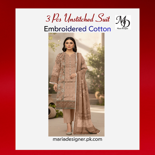 3-Piece Unstitched Cotton Suit – Embroidered & Printed