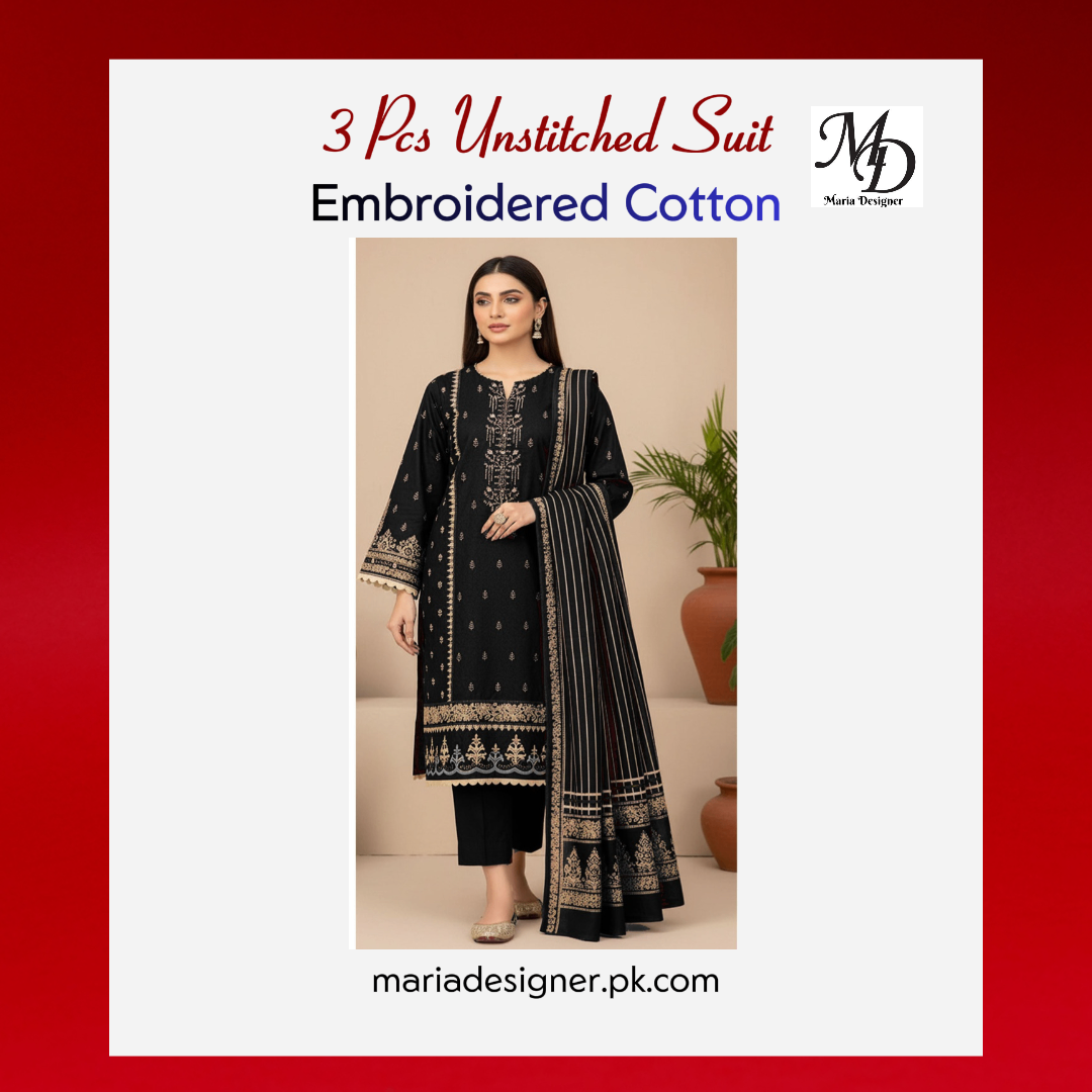 3-Piece Unstitched Cotton Suit – Embroidered & Printed
