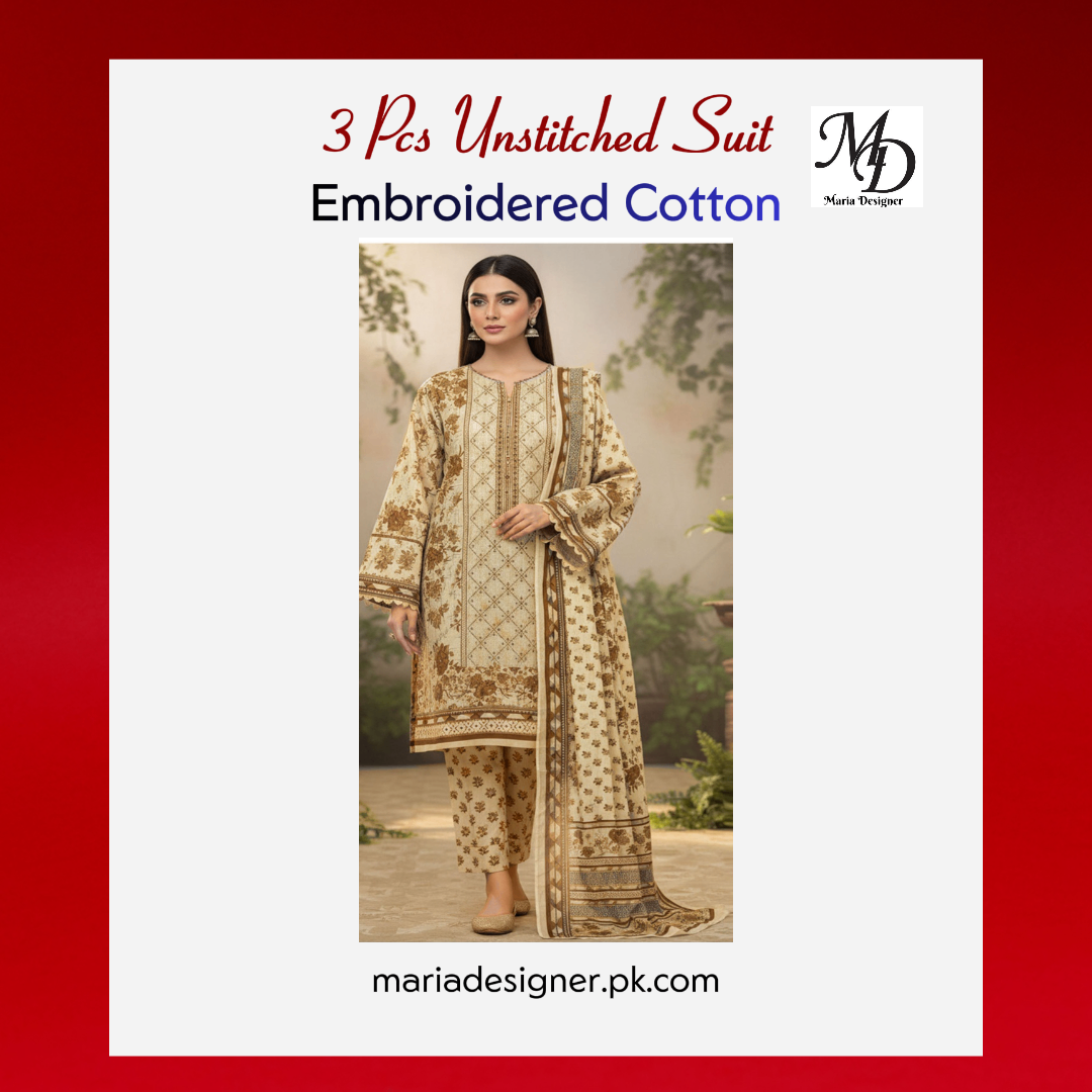 3-Piece Unstitched Cotton Suit – Embroidered & Printed