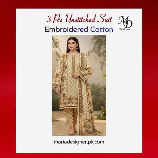 3-Piece Unstitched Cotton Suit – Embroidered & Printed