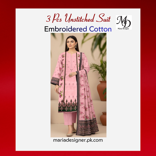 3-Piece Unstitched Cotton Suit – Embroidered & Printed