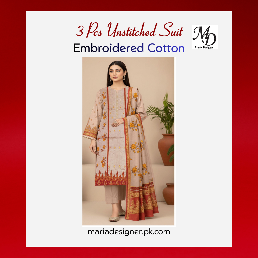3-Piece Unstitched Cotton Suit – Embroidered & Printed