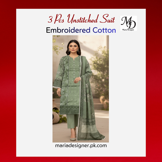 3-Piece Unstitched Cotton Suit – Embroidered & Printed