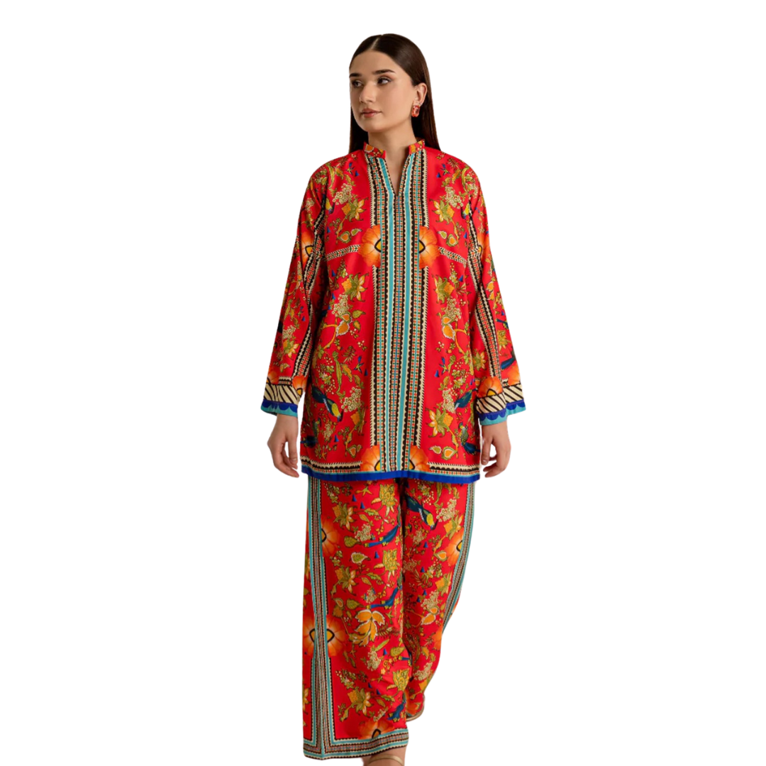 3-Piece Unstitched Digital Printed Suit (Red)