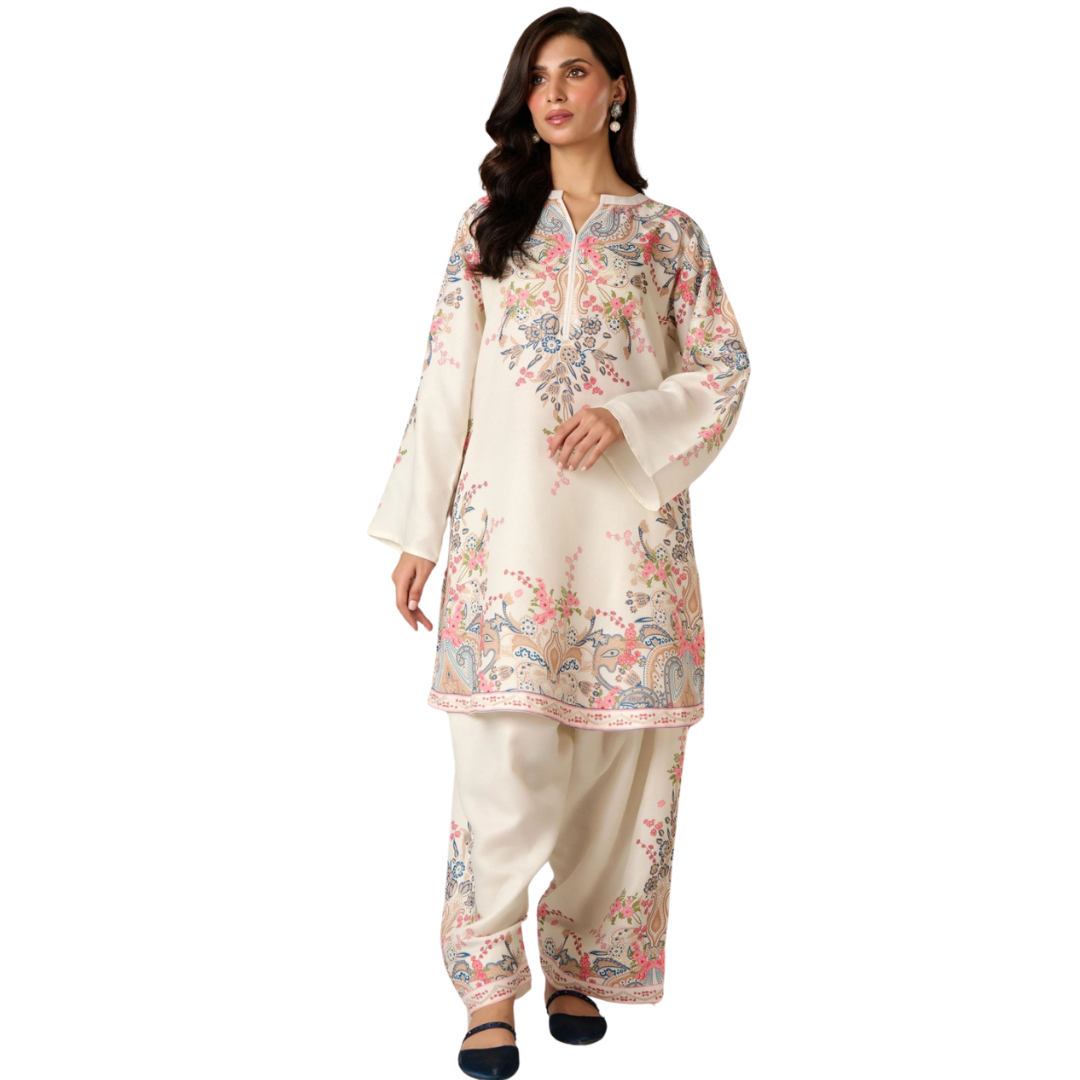 3-Piece Unstitched Digital Printed Suit (Milk White)